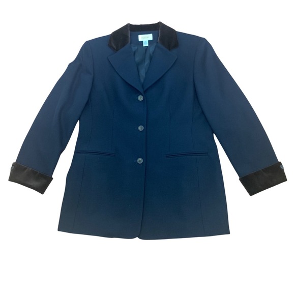 Talbots Classic Blazer Velvet Trim Worsted Wool Jacket Career Navy‎ Blue 10P - Picture 1 of 9